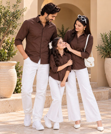 Family Matching Chocolate Brown Button-Down Shirts – Coordinated Casual Outfit Set