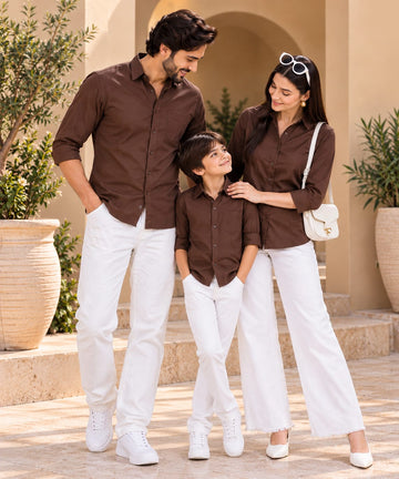 Family Matching Chocolate Brown Button-Down Shirts – Coordinated Casual Outfit Set