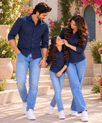 Family Matching Navy Blue Button-Down Shirts – Coordinated Casual Outfit Set
