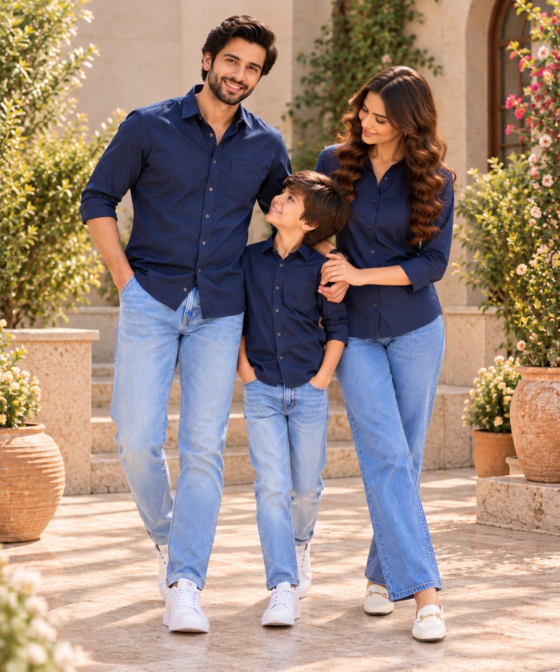 Family Matching Navy Blue Button-Down Shirts – Coordinated Casual Outfit Set