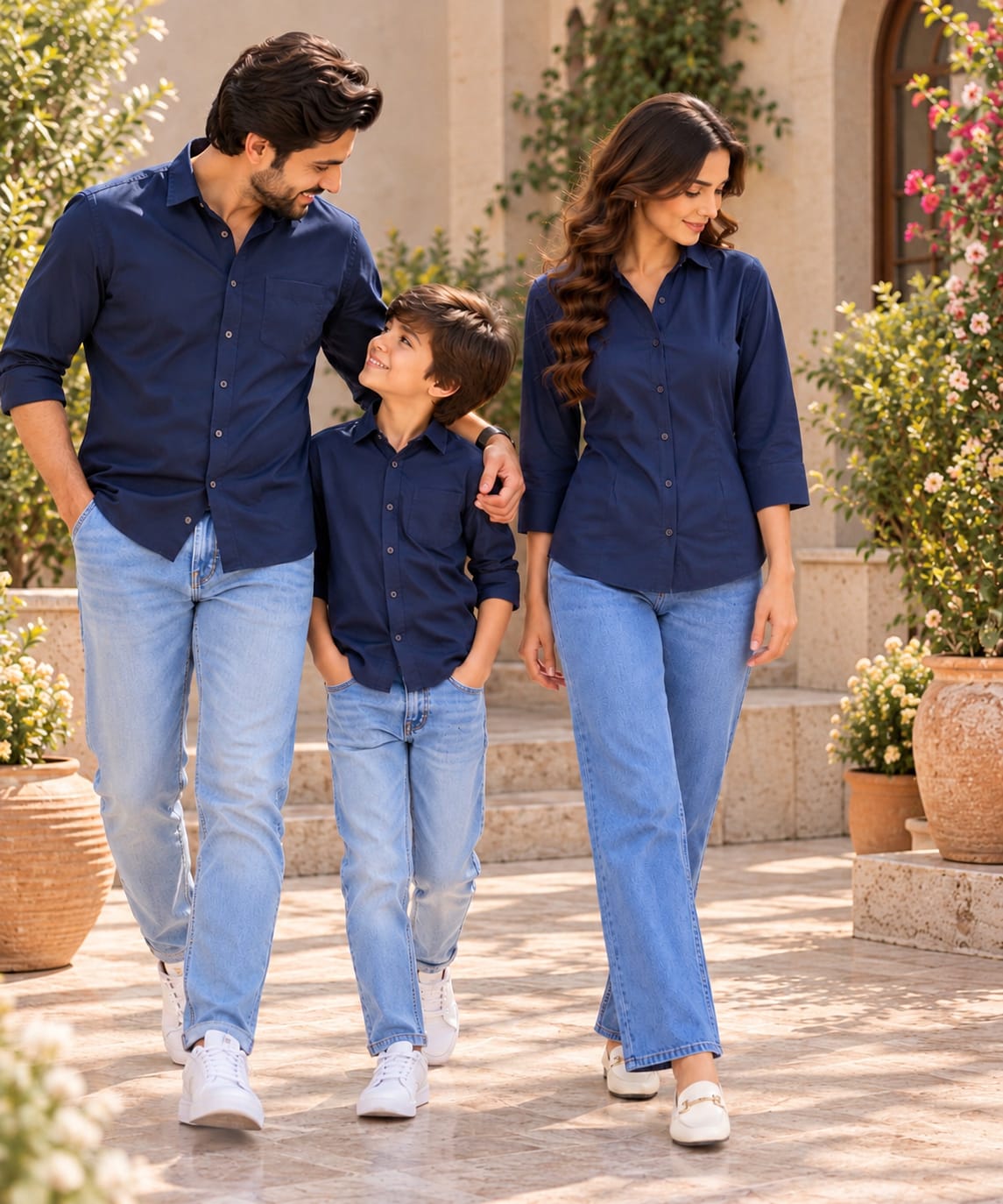 Family Matching Navy Blue Button-Down Shirts – Coordinated Casual Outfit Set
