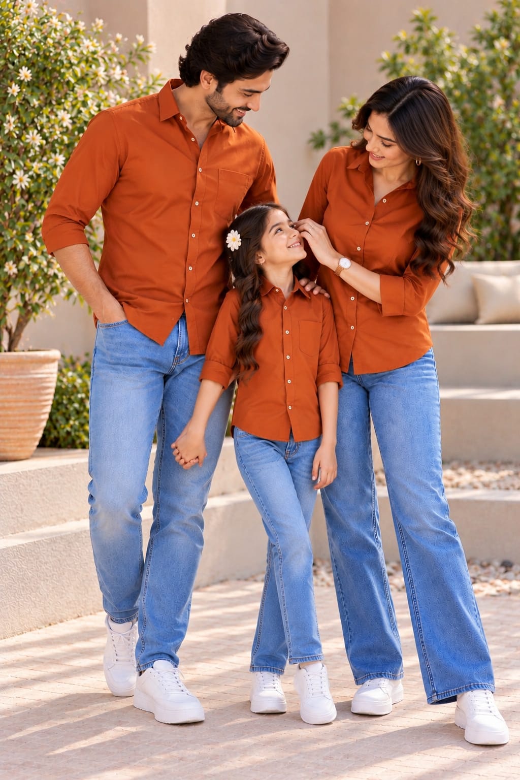 Family Matching Rust Orange Button-Down Shirts – Coordinated Casual Outfit Set