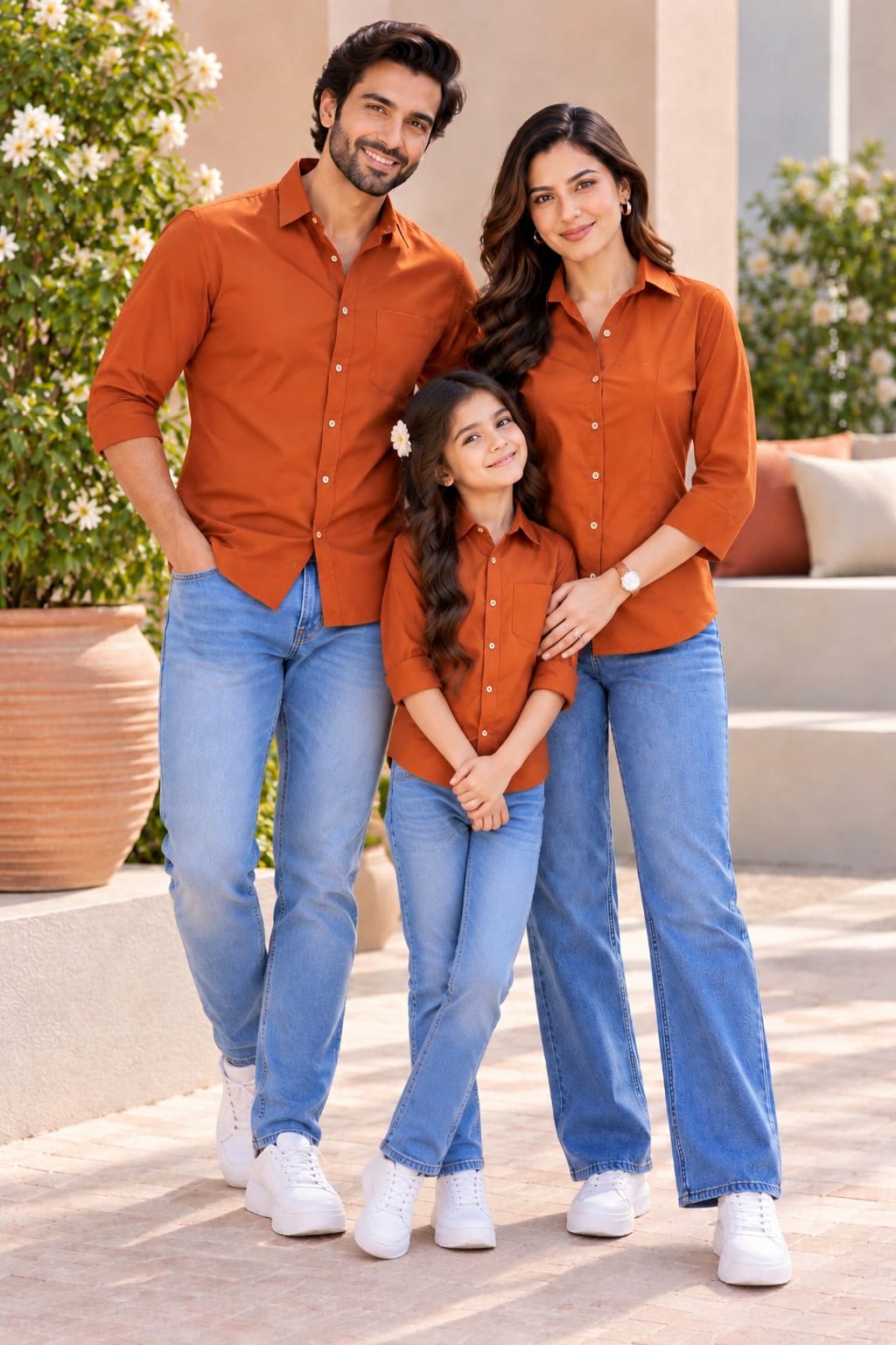 Family Matching Rust Orange Button-Down Shirts – Coordinated Casual Outfit Set