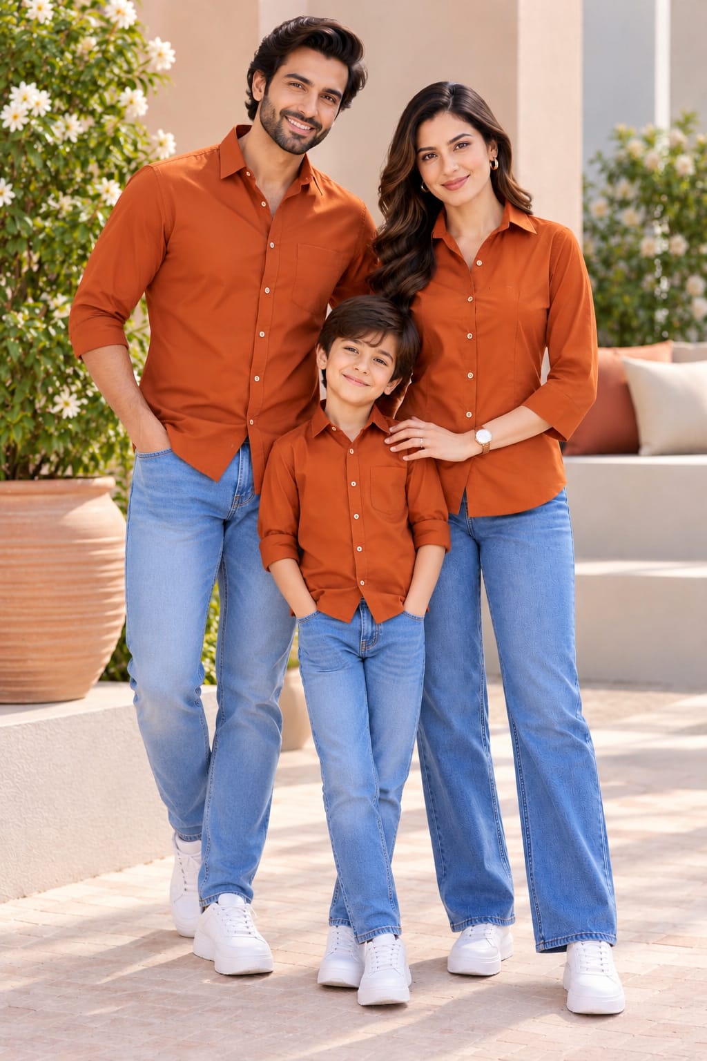 Family Matching Rust Orange Button-Down Shirts – Coordinated Casual Outfit Set