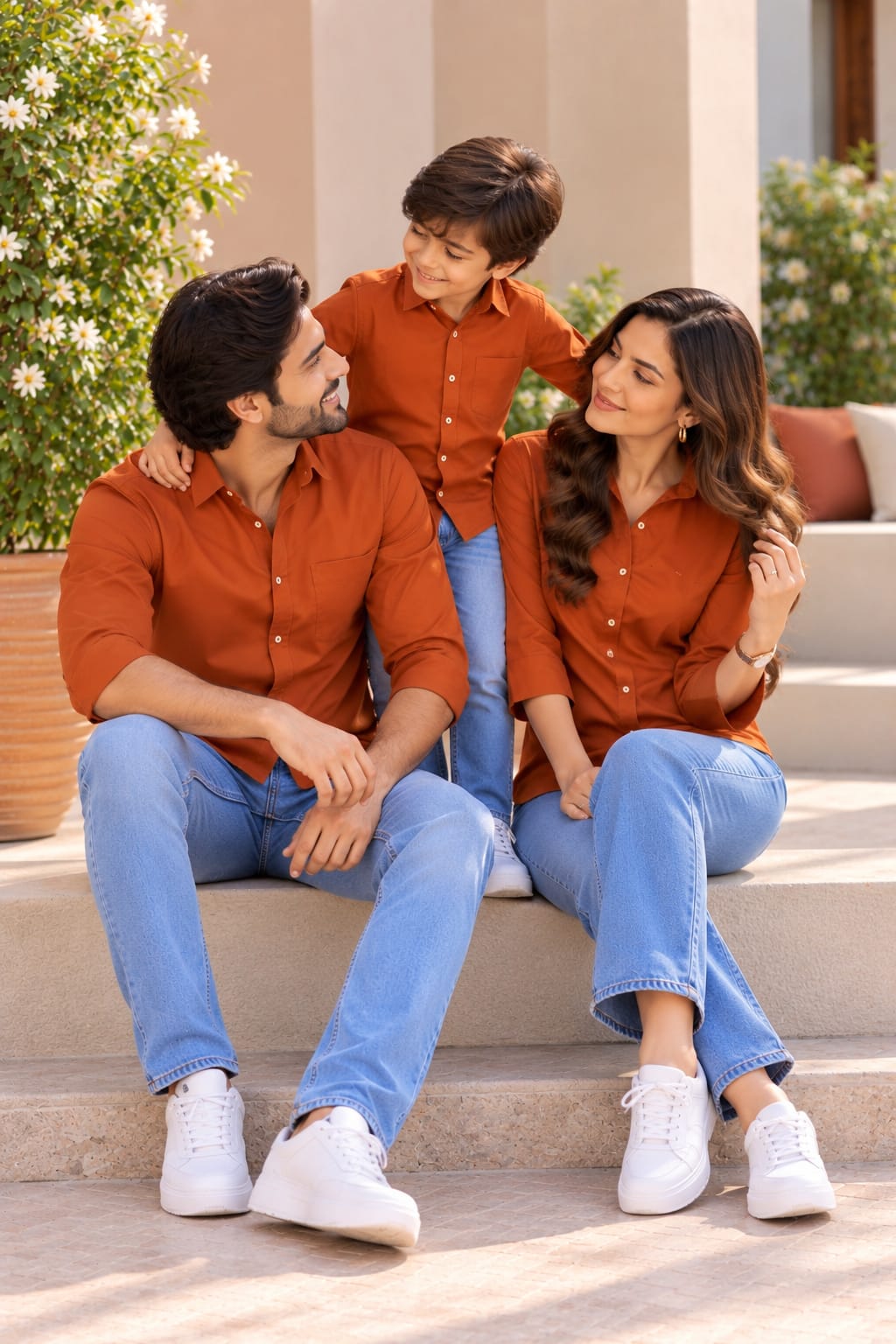 Family Matching Rust Orange Button-Down Shirts – Coordinated Casual Outfit Set