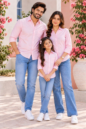 Family Matching Baby Pink Button-Down Shirts – Coordinated Casual Outfit Set