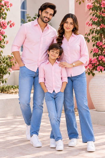 Family Matching Baby Pink Button-Down Shirts – Coordinated Casual Outfit Set