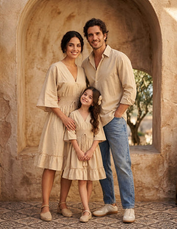 Mother & Daughter Beige V-Neck Smocked Waist Flared Dresses with Men’s Beige Casual Shirt – Matching Family Outfit Set