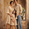 Mother & Daughter Beige V-Neck Smocked Waist Flared Dresses with Men’s Beige Casual Shirt – Matching Family Outfit Set
