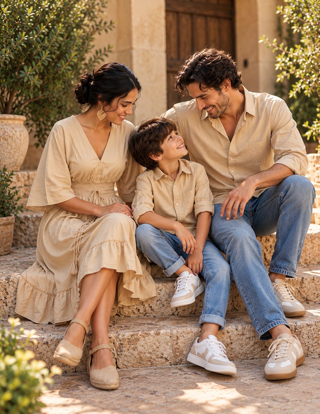 Beige Matching Family Outfit Set – Women’s V-Neck Smocked Waist Flared Dress with Men’s & Boy’s Casual Shirts