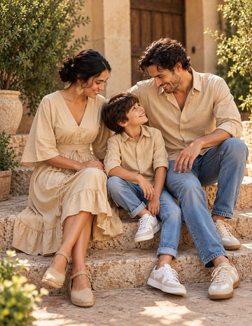 Beige Matching Family Outfit Set – Women’s V-Neck Smocked Waist Flared Dress with Men’s & Boy’s Casual Shirts