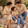 Beige Matching Family Outfit Set – Women’s V-Neck Smocked Waist Flared Dress with Men’s & Boy’s Casual Shirts