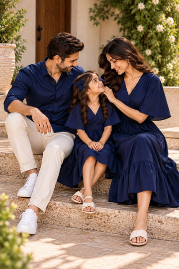 Navy Blue Matching Family Outfit Set – Men’s Casual Shirt with Women’s & Girl’s V-Neck Smocked Waist Flared Dresses
