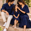 Navy Blue Matching Family Outfit Set – Men’s Casual Shirt with Women’s & Girl’s V-Neck Smocked Waist Flared Dresses