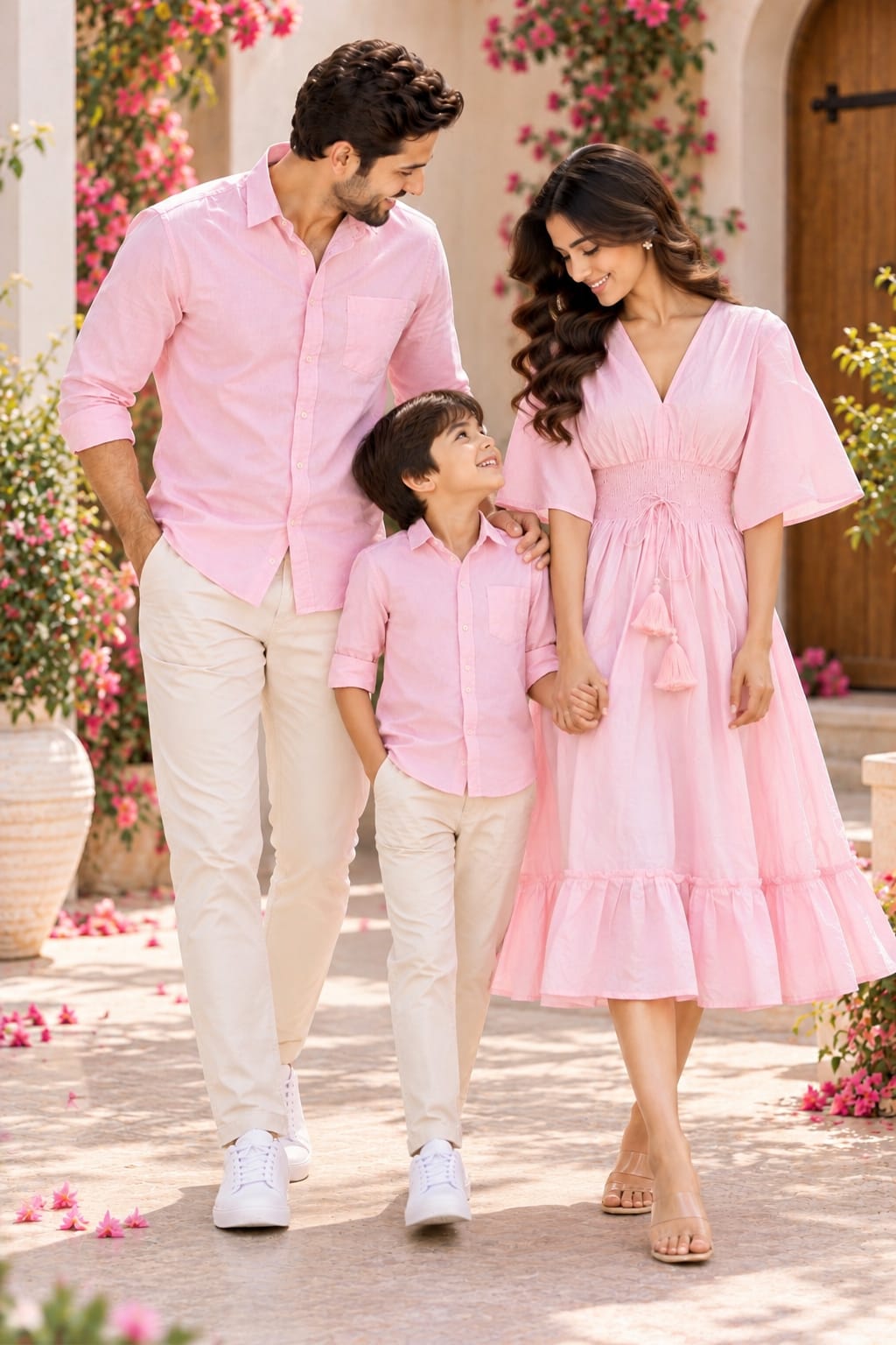 Blush Pink Family Twinning Outfit Set – Men’s & Boy’s Pink Casual Shirts and Women’s Blush Pink V-Neck Flared Dress with Smocked Waist and Tassel