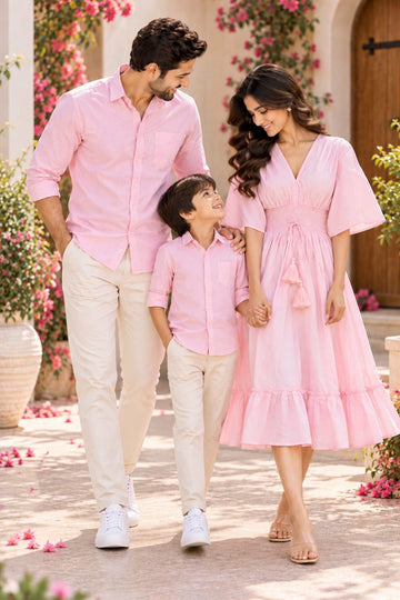 Blush Pink Family Twinning Outfit Set – Men’s & Boy’s Pink Casual Shirts and Women’s Blush Pink V-Neck Flared Dress with Smocked Waist and Tassel