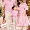 Blush Pink Family Twinning Outfit Set – Men’s & Boy’s Pink Casual Shirts and Women’s Blush Pink V-Neck Flared Dress with Smocked Waist and Tassel