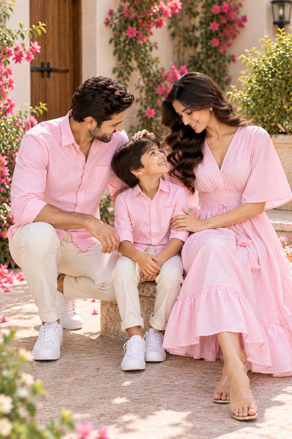 Blush Pink Family Twinning Outfit Set – Men’s & Boy’s Pink Casual Shirts and Women’s Blush Pink V-Neck Flared Dress with Smocked Waist and Tassel