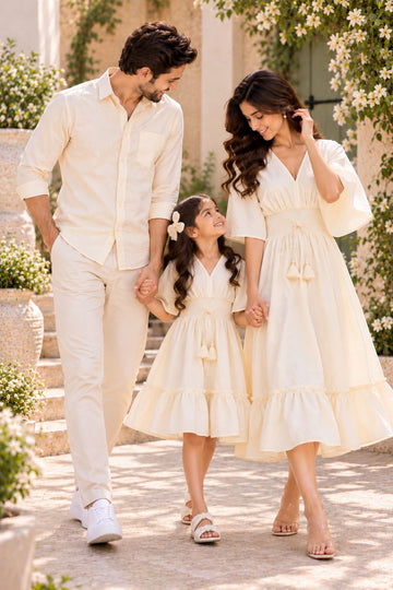 Ivory White Matching Family Outfit Set – Men’s Casual Shirt & Women’s and Girl’s V-Neck Flared Dresses with Smocked Waist