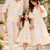 Ivory White Matching Family Outfit Set – Men’s Casual Shirt & Women’s and Girl’s V-Neck Flared Dresses with Smocked Waist