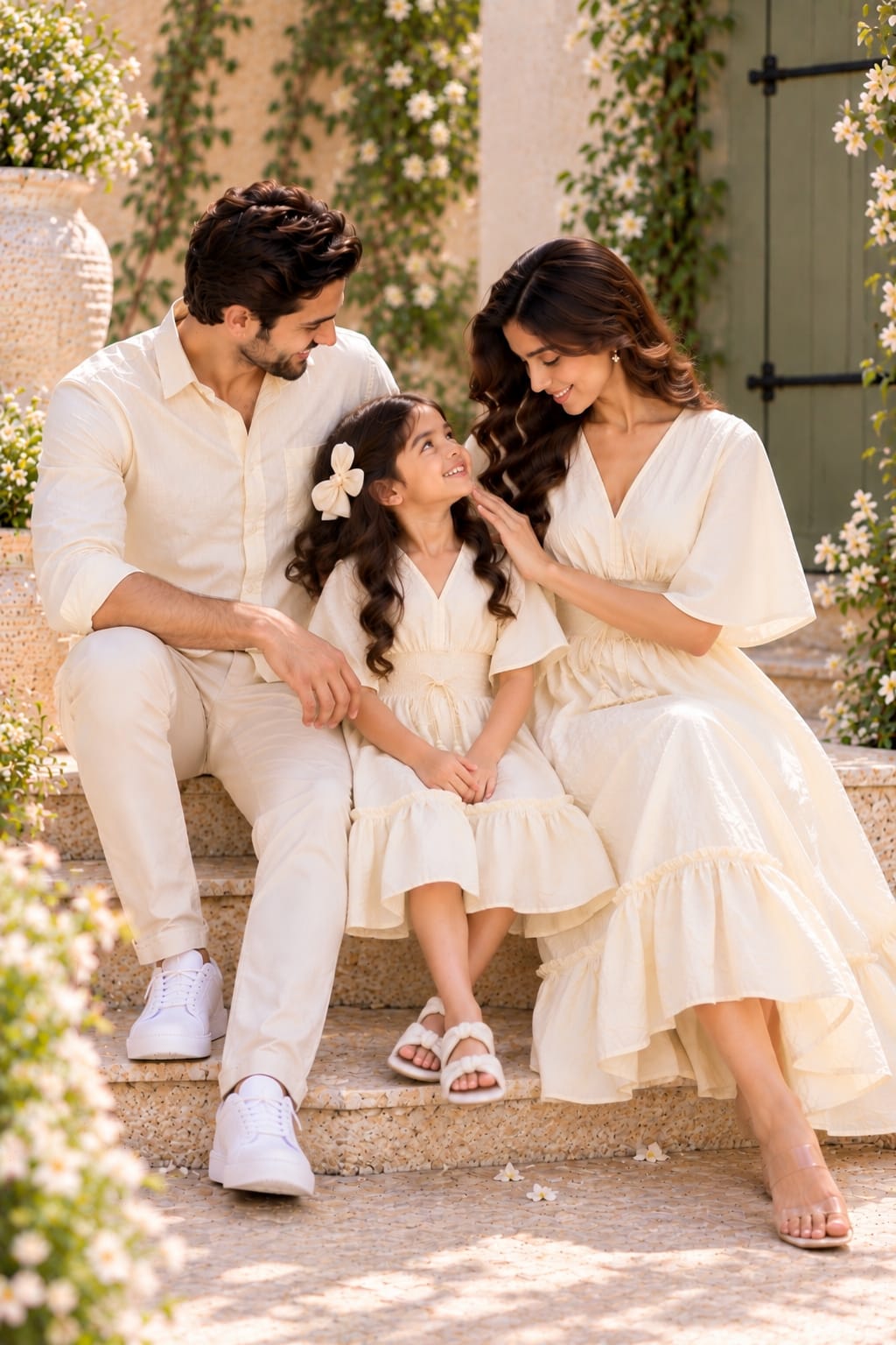Ivory White Matching Family Outfit Set – Men’s Casual Shirt & Women’s and Girl’s V-Neck Flared Dresses with Smocked Waist