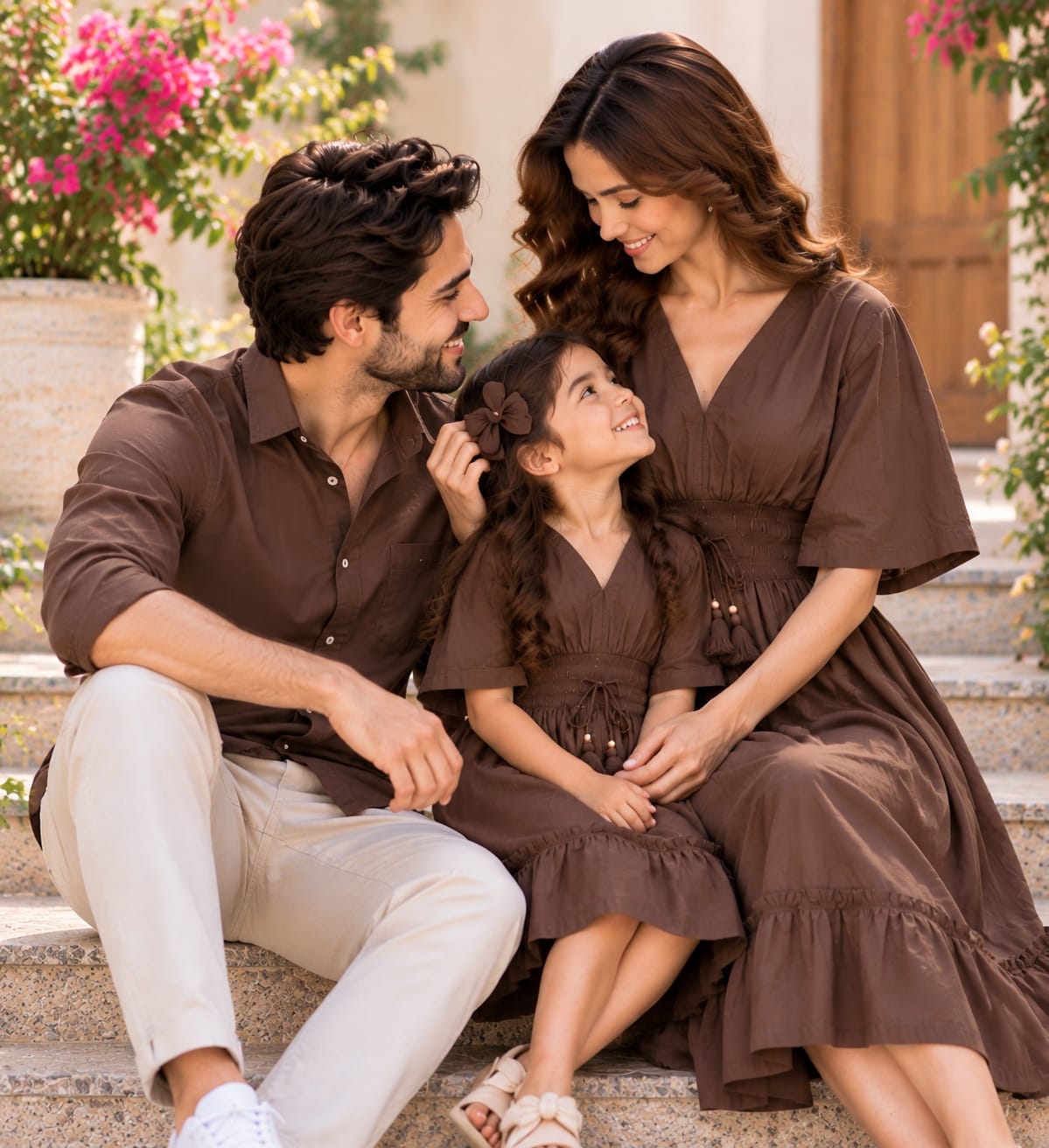 Chocolate Brown Matching Family Outfit Set – Men’s Casual Shirt with Women’s & Girl’s V-Neck Smocked Waist Flared Dresses