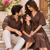Chocolate Brown Matching Family Outfit Set – Men’s Casual Shirt with Women’s & Girl’s V-Neck Smocked Waist Flared Dresses