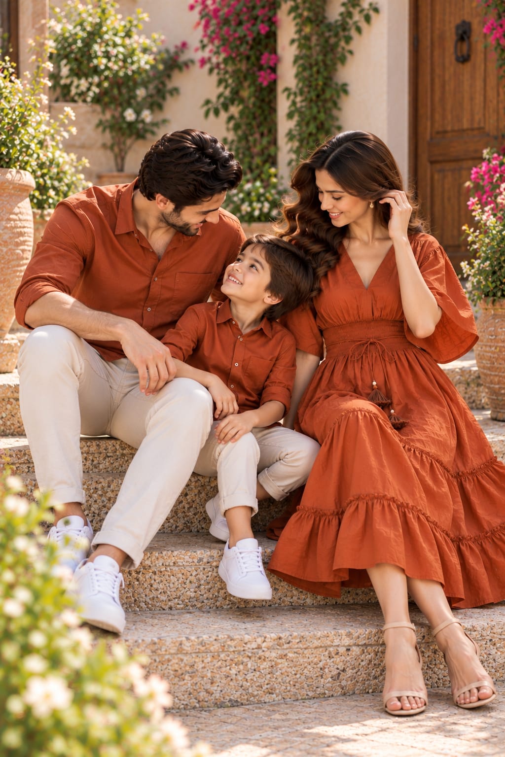 Rust Orange Family Twinning Outfit Set – Men’s and boy’s rust orange casual shirts paired with matching women’s rust orange V-neck flared dress featuring a smocked waist, flutter sleeves, and double tassel details.