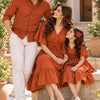 Rust Orange Matching Family Outfit Set – Men’s Casual Shirt with Women’s & Girl’s V-Neck Smocked Waist Flared Dresses