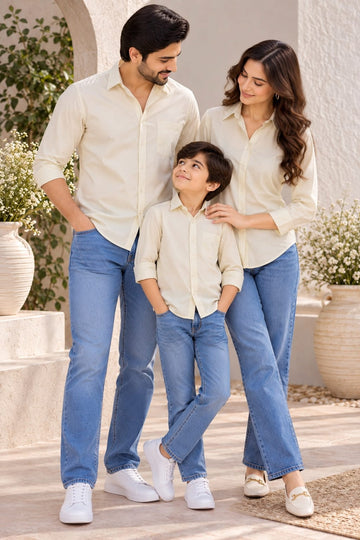 Family Matching ivory Button-Down Shirts – Coordinated Casual Outfit Set