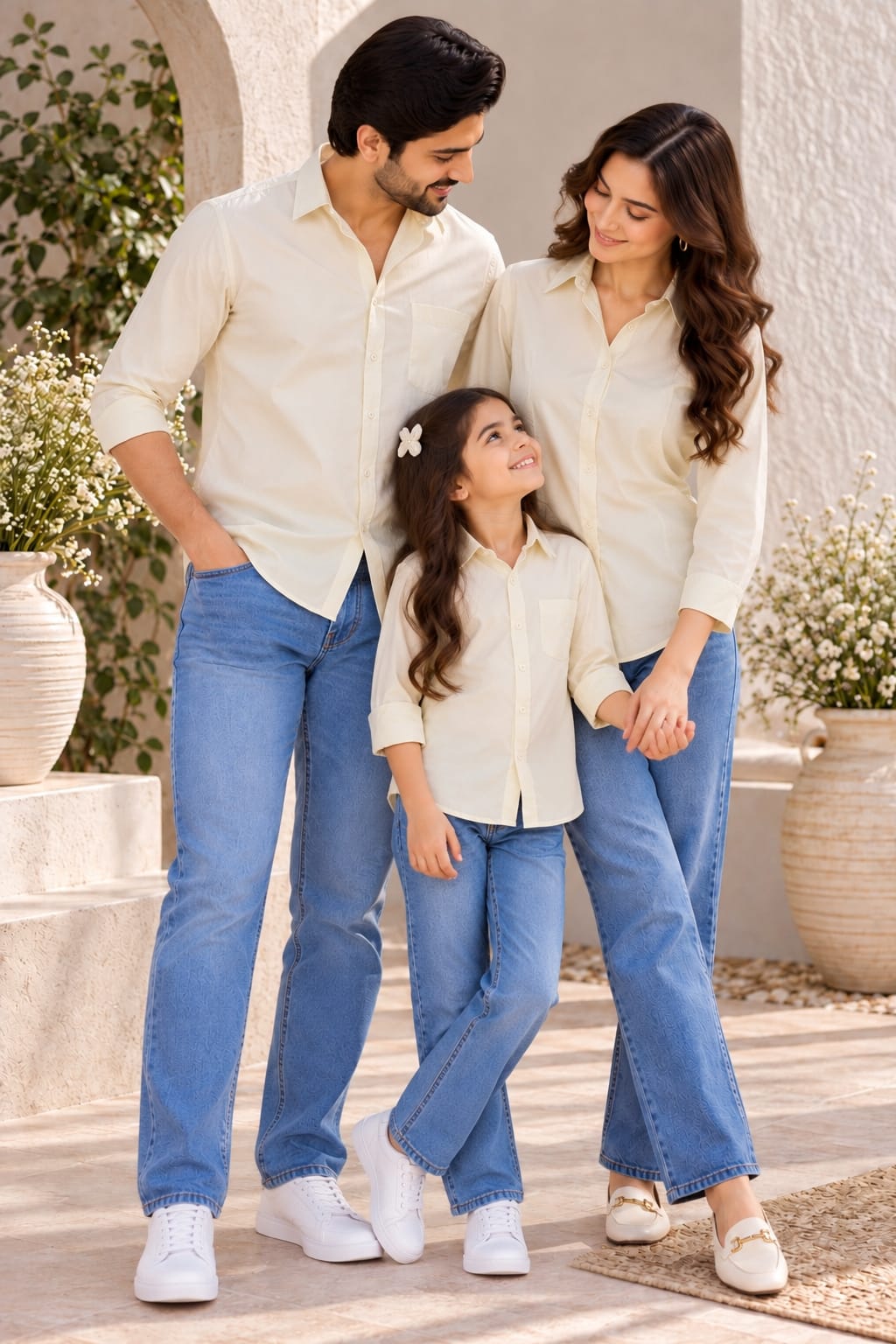 Family Matching ivory White Button-Down Shirts – Coordinated Family Casual Outfit Set