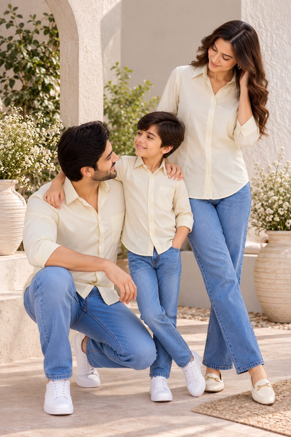 Family Matching ivory Button-Down Shirts – Coordinated Casual Outfit Set