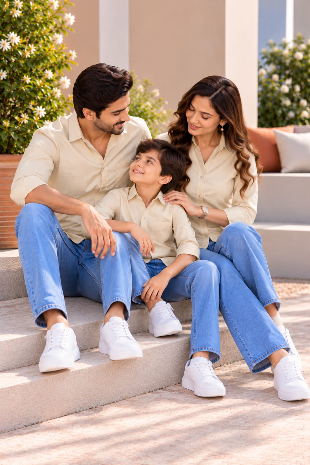Family Matching Cream Button-Down Shirts – Coordinated Casual Outfit Set