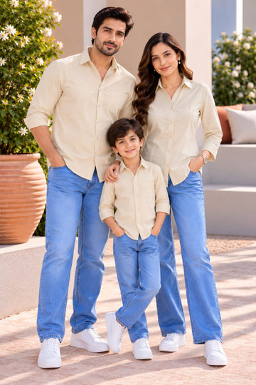 Family Matching Cream Button-Down Shirts – Coordinated Casual Outfit Set