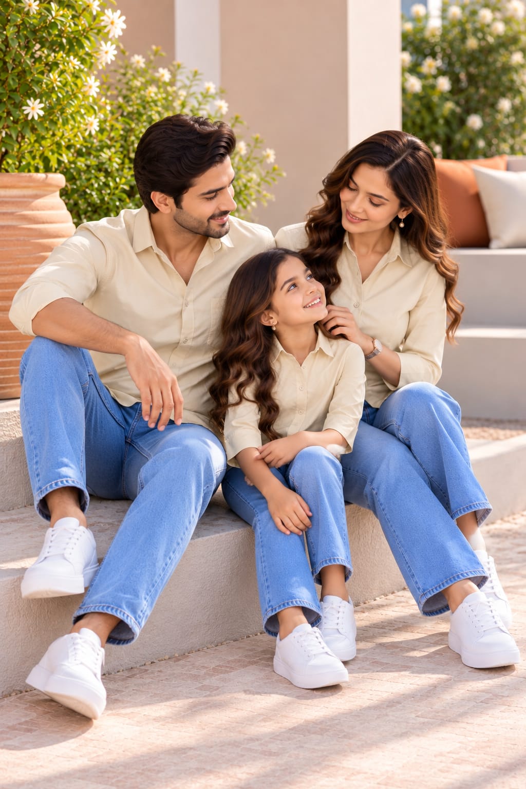 Family Matching Cream Button-Down Shirts – Coordinated Casual Outfit Set