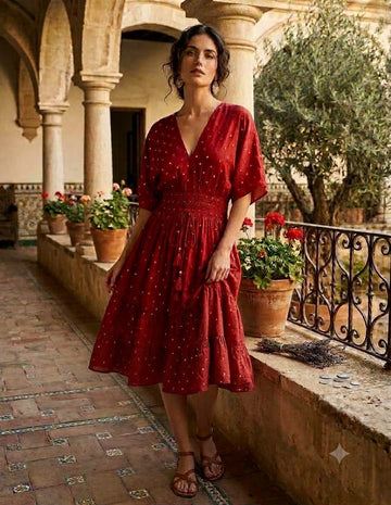 Women's Ruby Red Smocked Midi Dress with embroidered work with lining