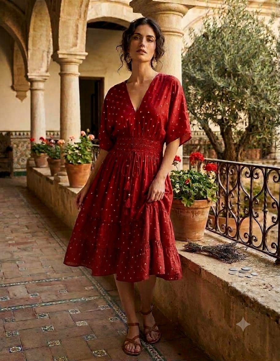 Women's Ruby Red Smocked Midi Dress with embroidered work with lining