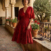 Women's Ruby Red Smocked Midi Dress with embroidered work with lining
