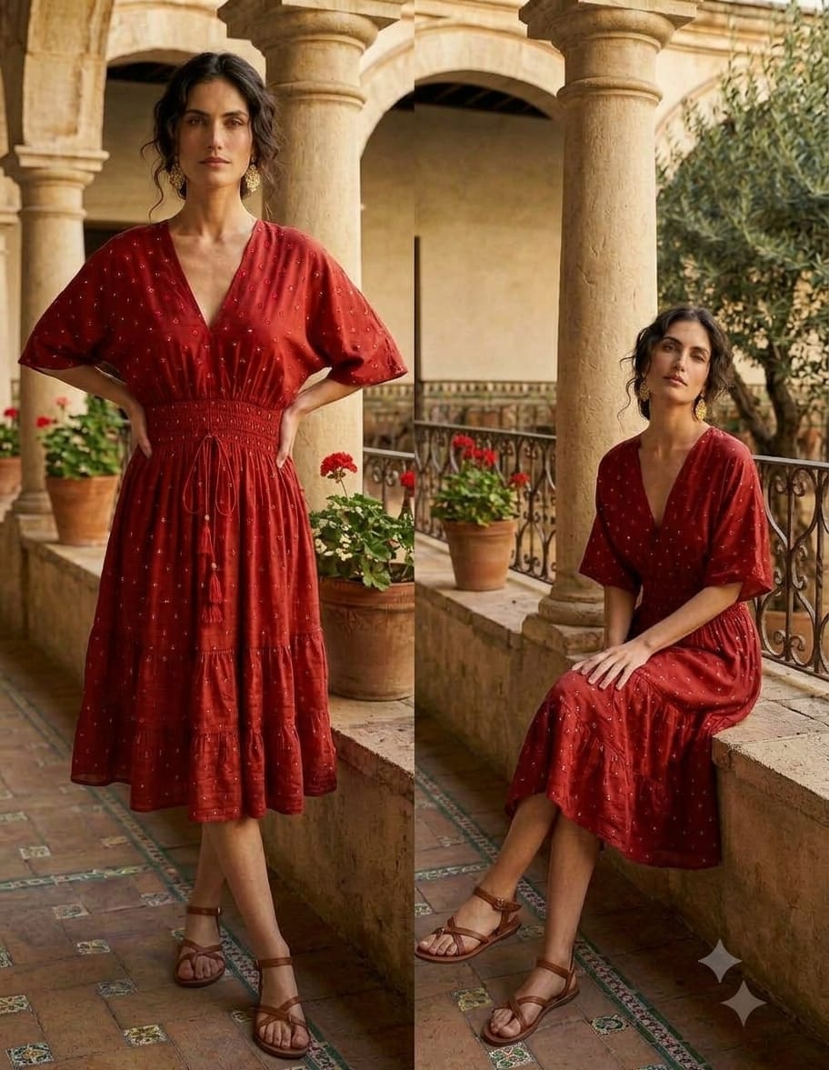 Mom & Daughter Ruby Red Smocked Midi Dress with embroidered work with lining