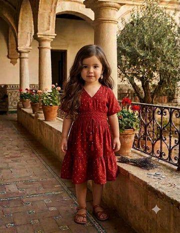 Girl's Ruby Red Smocked Midi Dress with embroidered work with lining