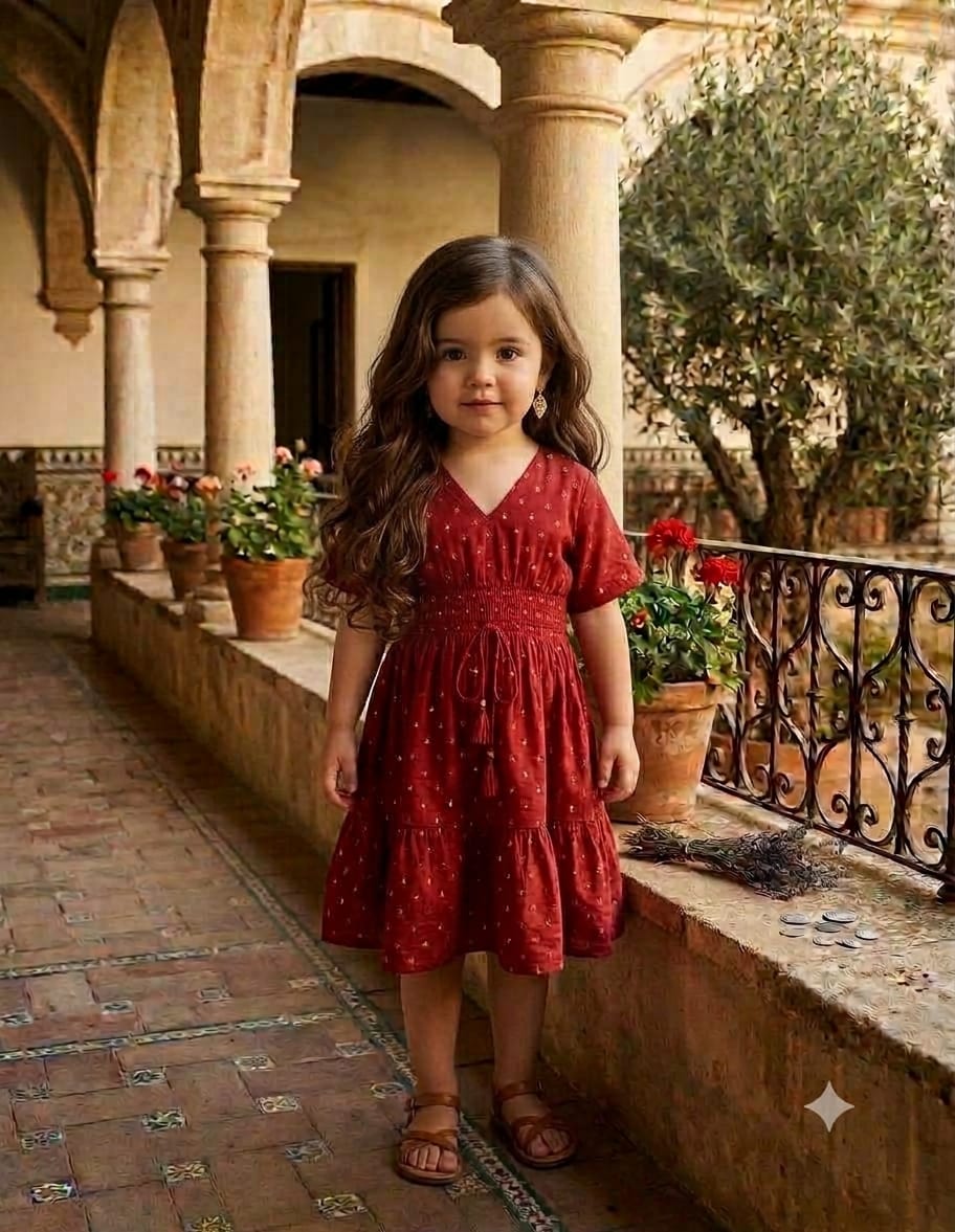 Girl's Ruby Red Smocked Midi Dress with embroidered work with lining