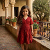 Girl's Ruby Red Smocked Midi Dress with embroidered work with lining