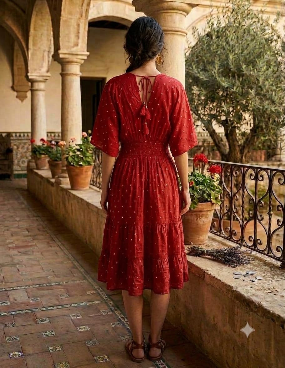 Women's Ruby Red Smocked Midi Dress with embroidered work with lining