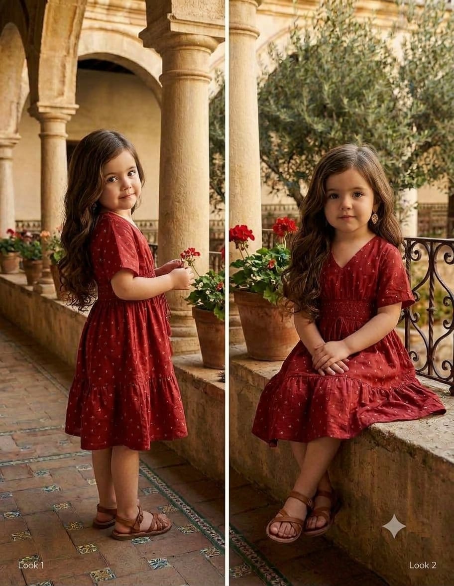 Mom & Daughter Ruby Red Smocked Midi Dress with embroidered work with lining