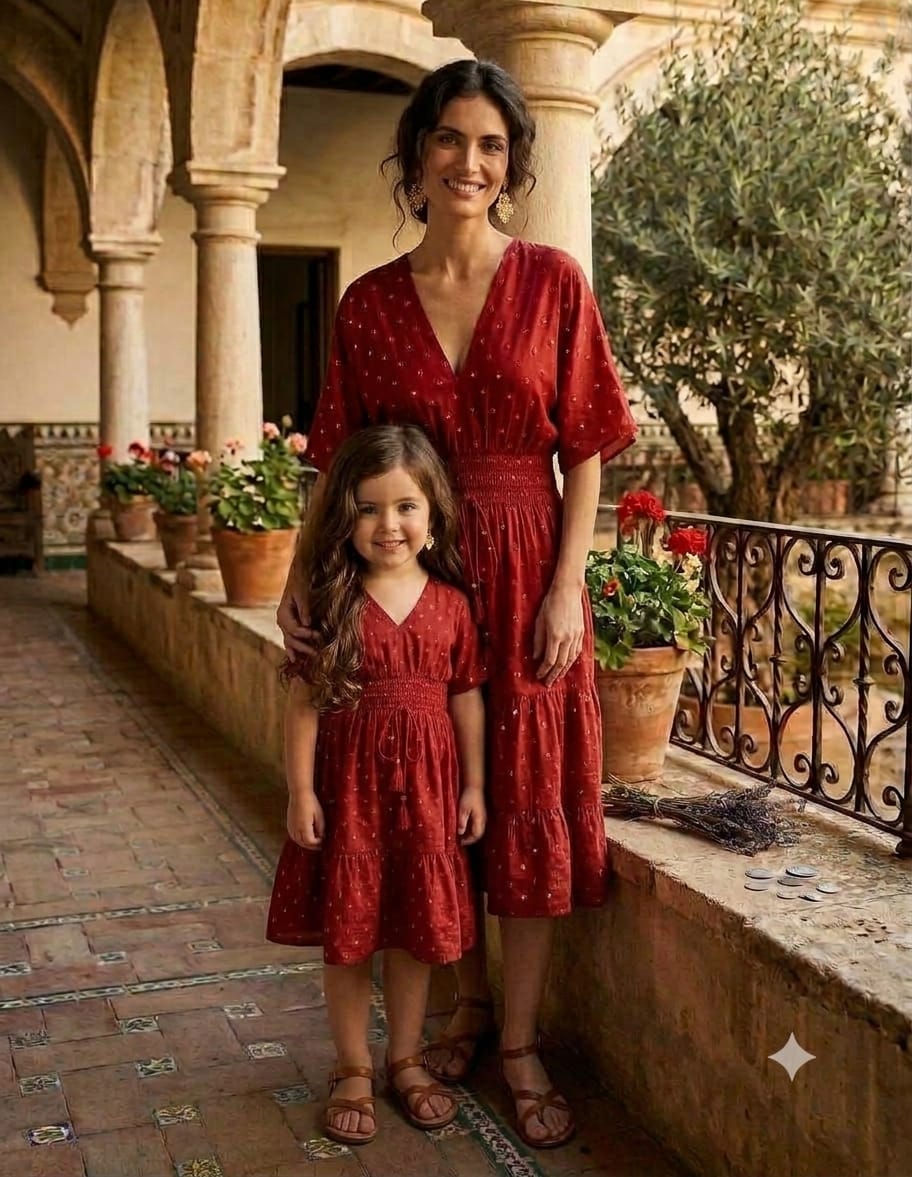 Mom & Daughter Ruby Red Smocked Midi Dress with embroidered work with lining