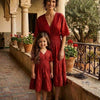 Mom & Daughter Ruby Red Smocked Midi Dress with embroidered work with lining