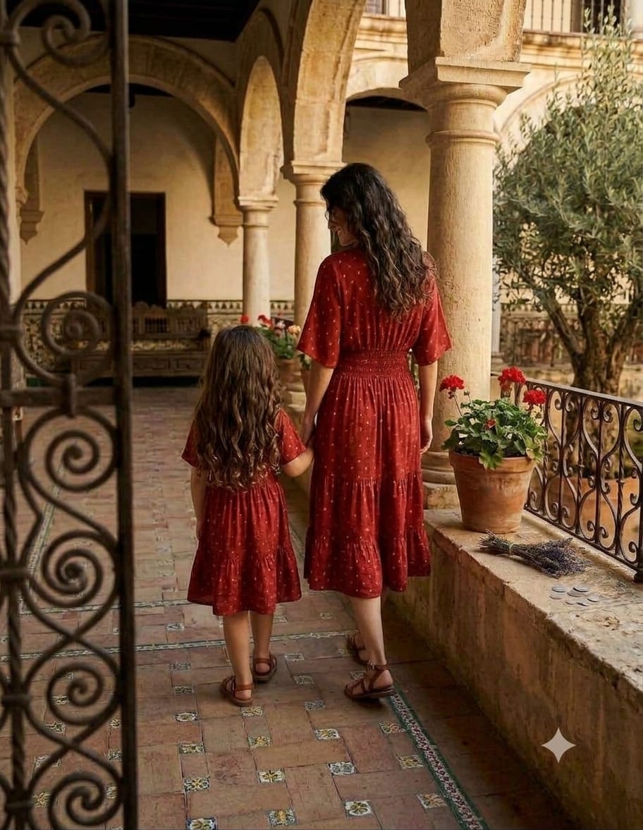Mom & Daughter Ruby Red Smocked Midi Dress with embroidered work with lining