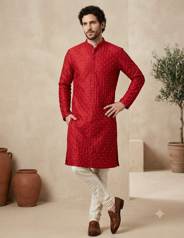 Men’s Red Silk Mirror embroidered Work Kurta & pant Set