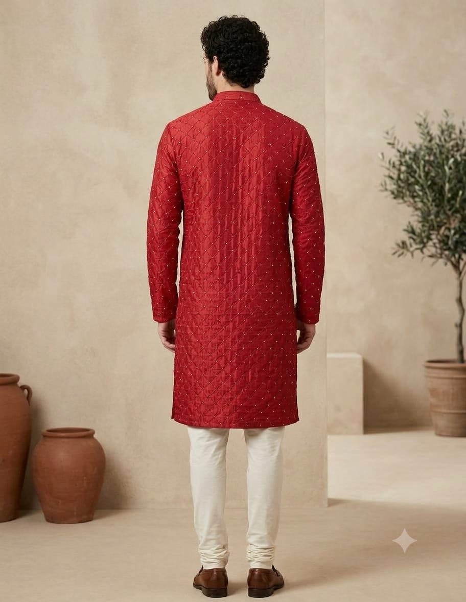 Men’s Red Silk Mirror embroidered Work Kurta & pant Set