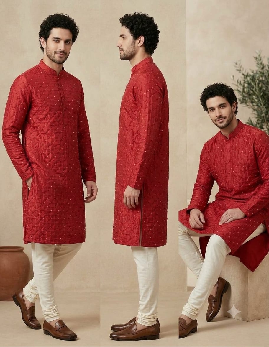 Dad & Son Matching Red Silk Kurta & pant Set
